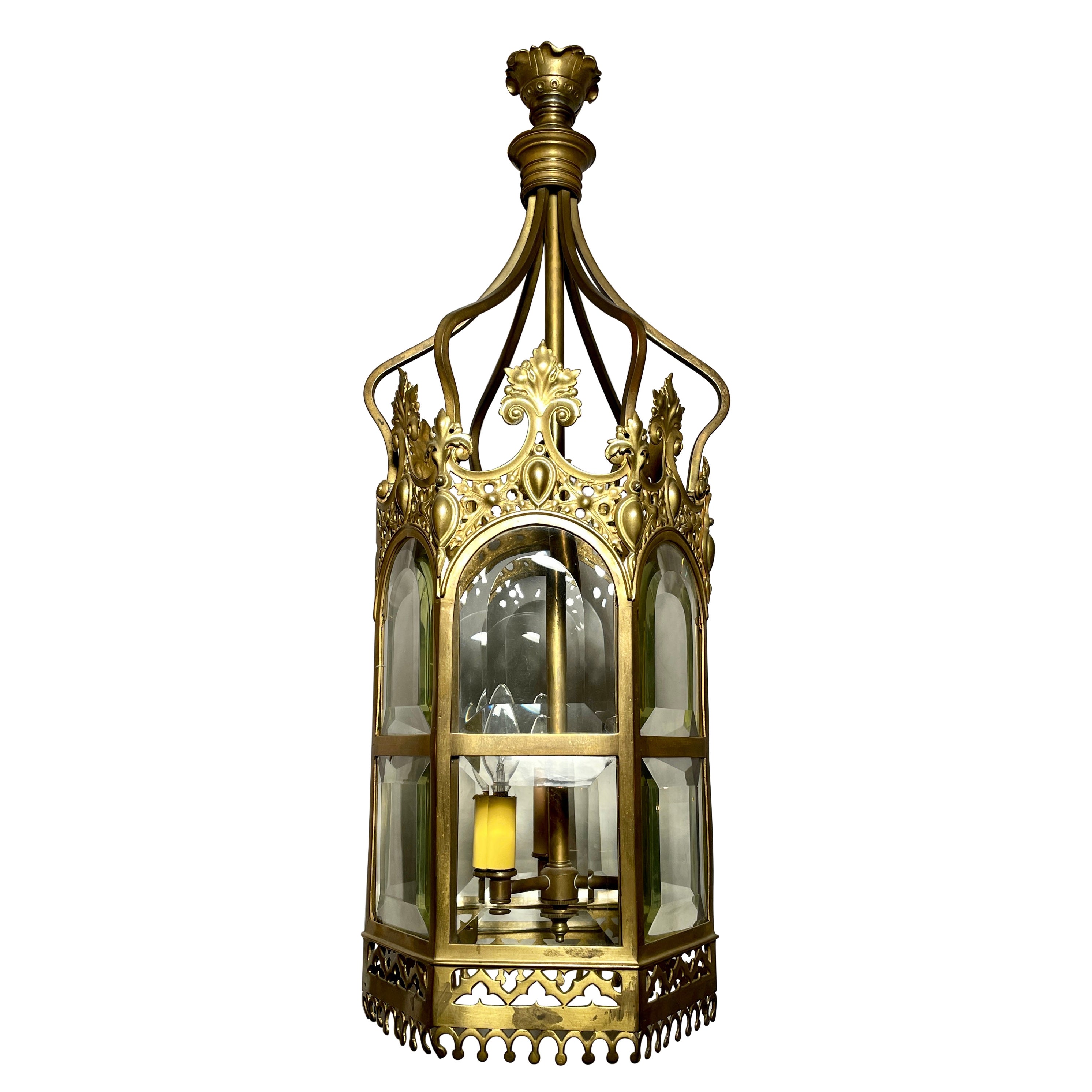 Antique English Gothic Gold Bronze Hall Lantern, Circa 1900. For Sale
