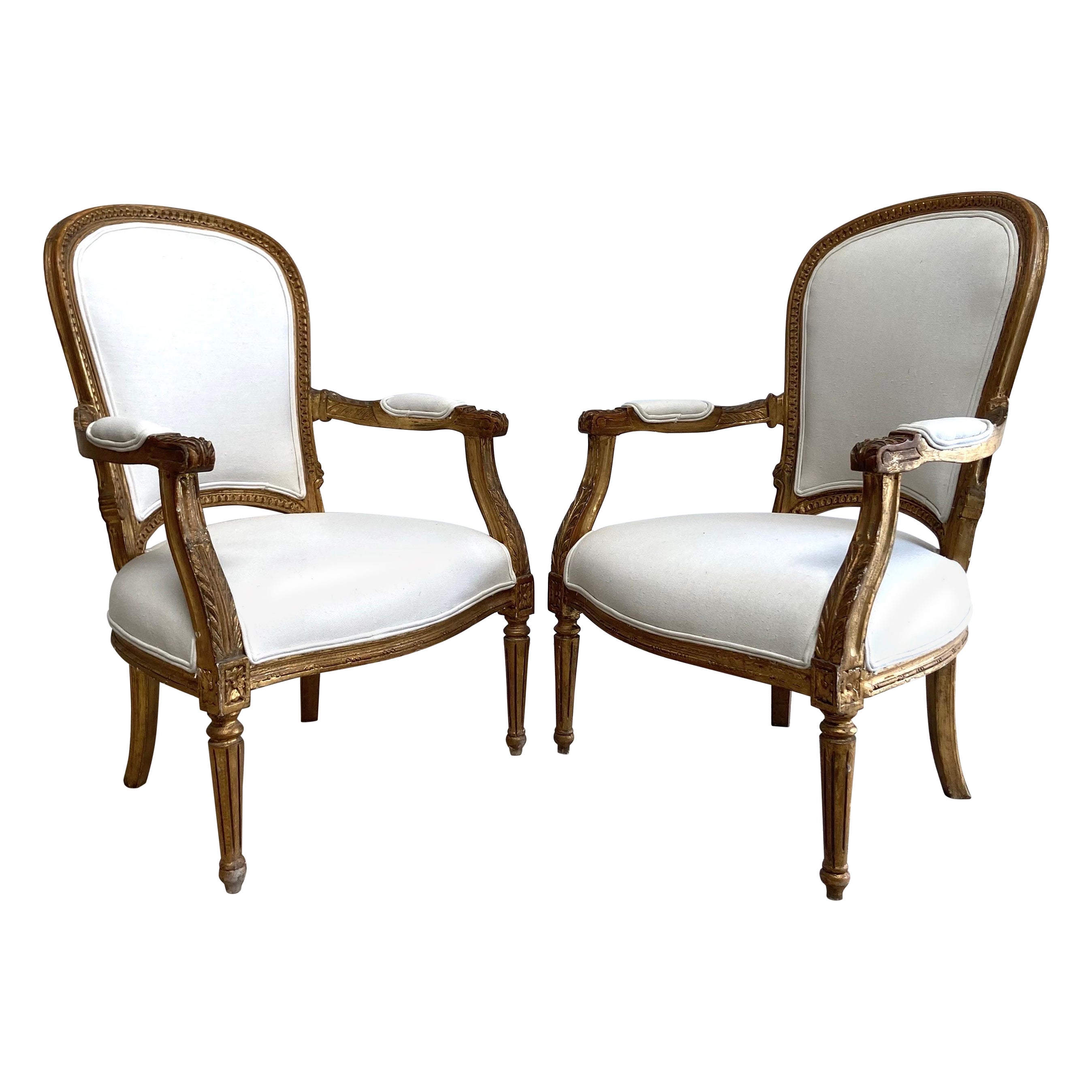 Vintage French Style Louis XVI Open Arm Chairs with Linen Upholstery For Sale