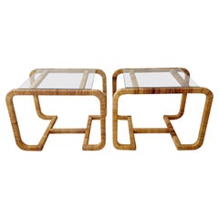 Pair Banded Wrapped Rattan End Drinks Tables