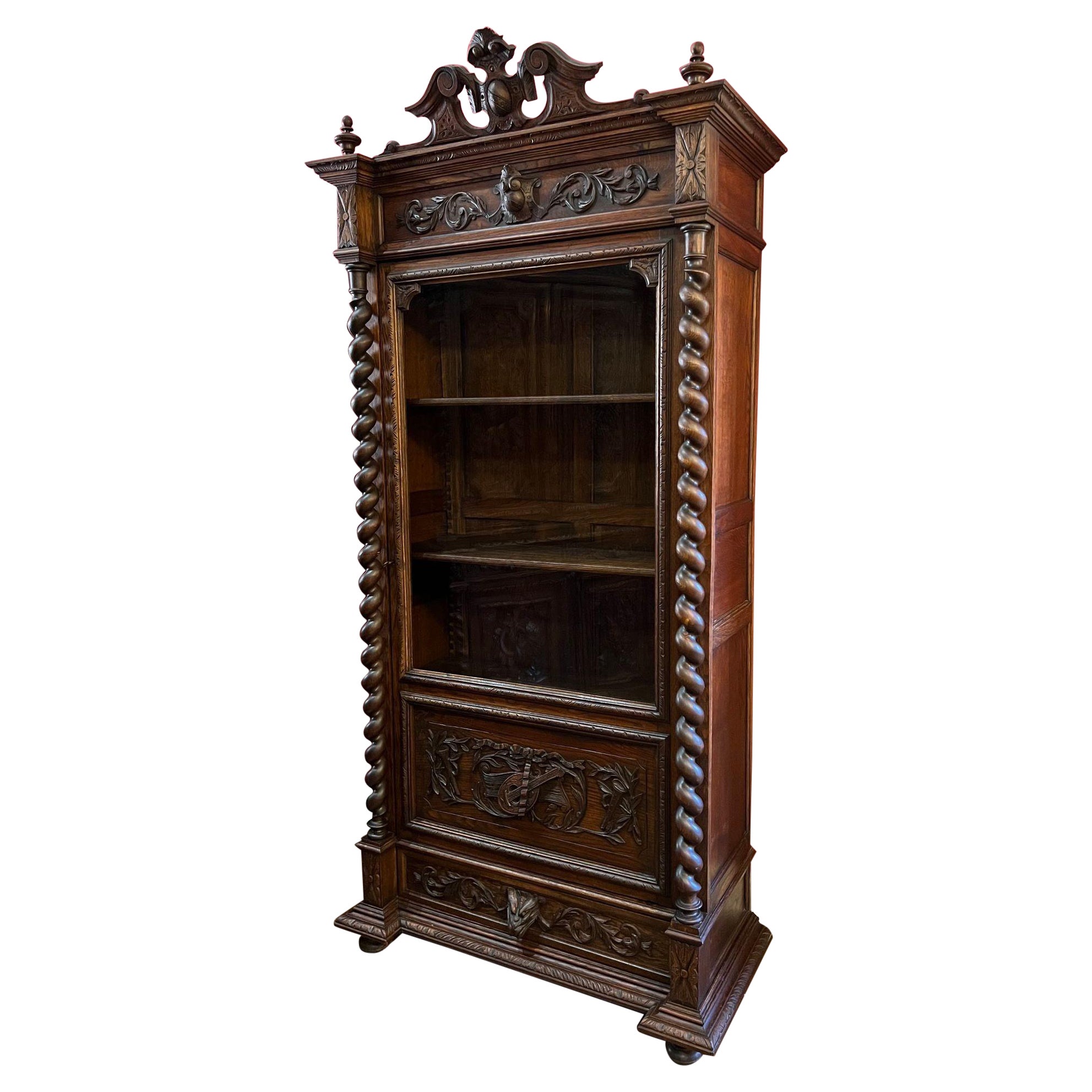 Antique French Cabinet Bookcase Barley Twist Black Forest Carved Oak Glass Door For Sale