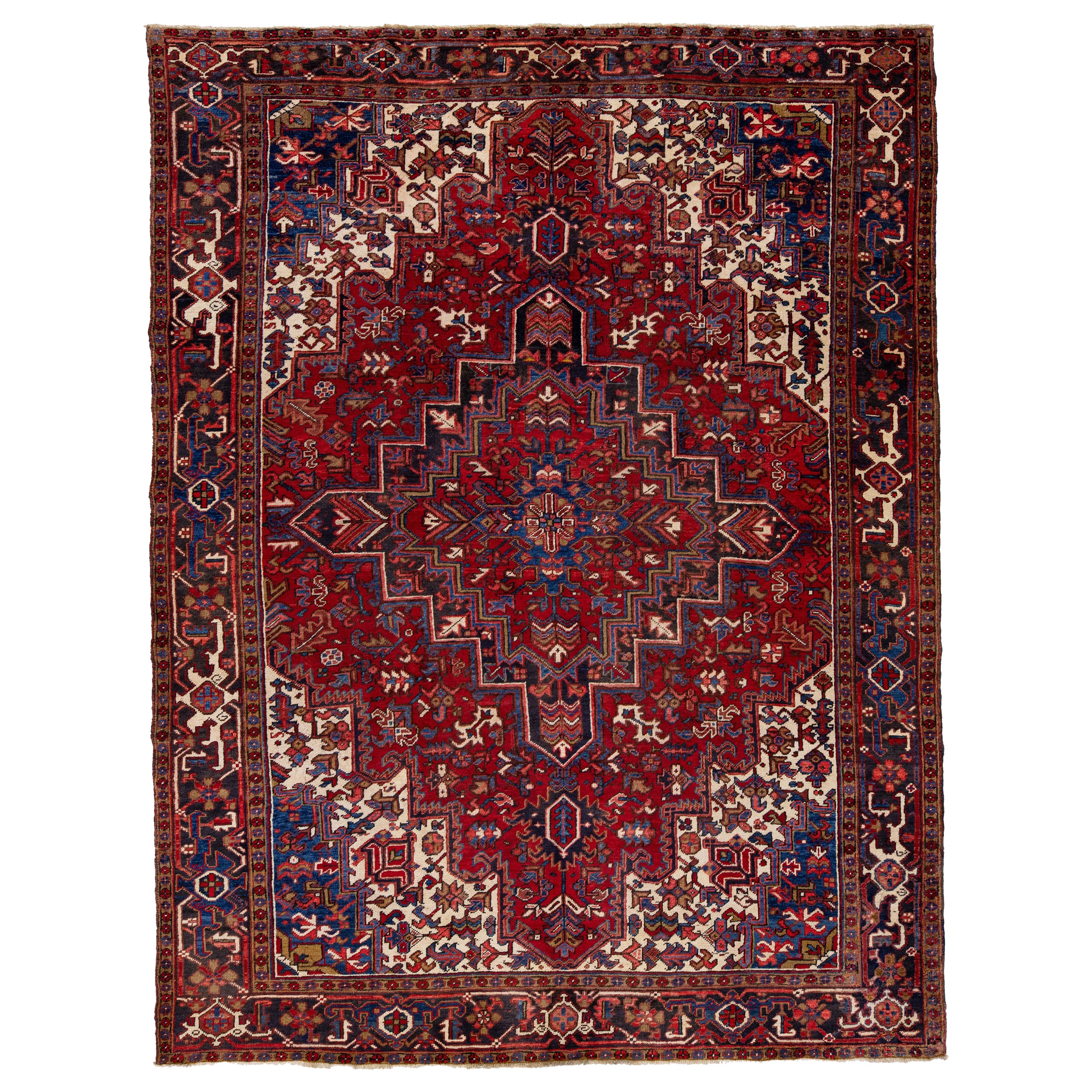 Antique Persian Heriz Handmade Red & Blue Wool Rug with Medallion Motif