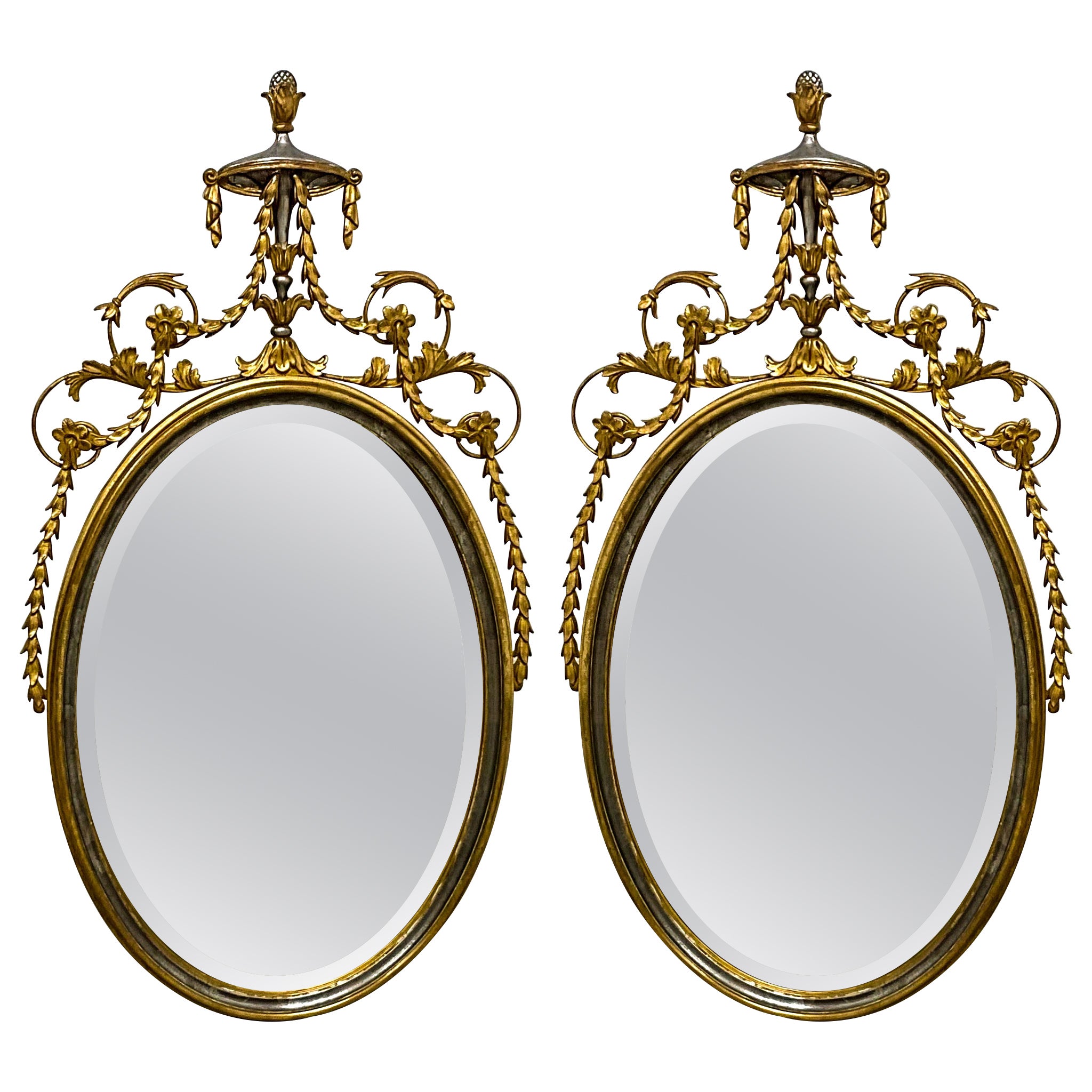 1960s Adam Style Silver / Gold Giltwood Oval Mirrors  Att. Friedman Bros, Pair For Sale