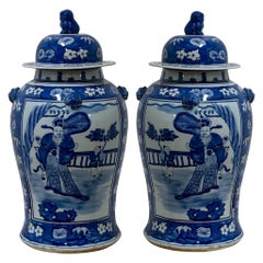 Late 20th-C. Chines Export Style Blue And White Ginger Jars With Foo Dogs, Pair