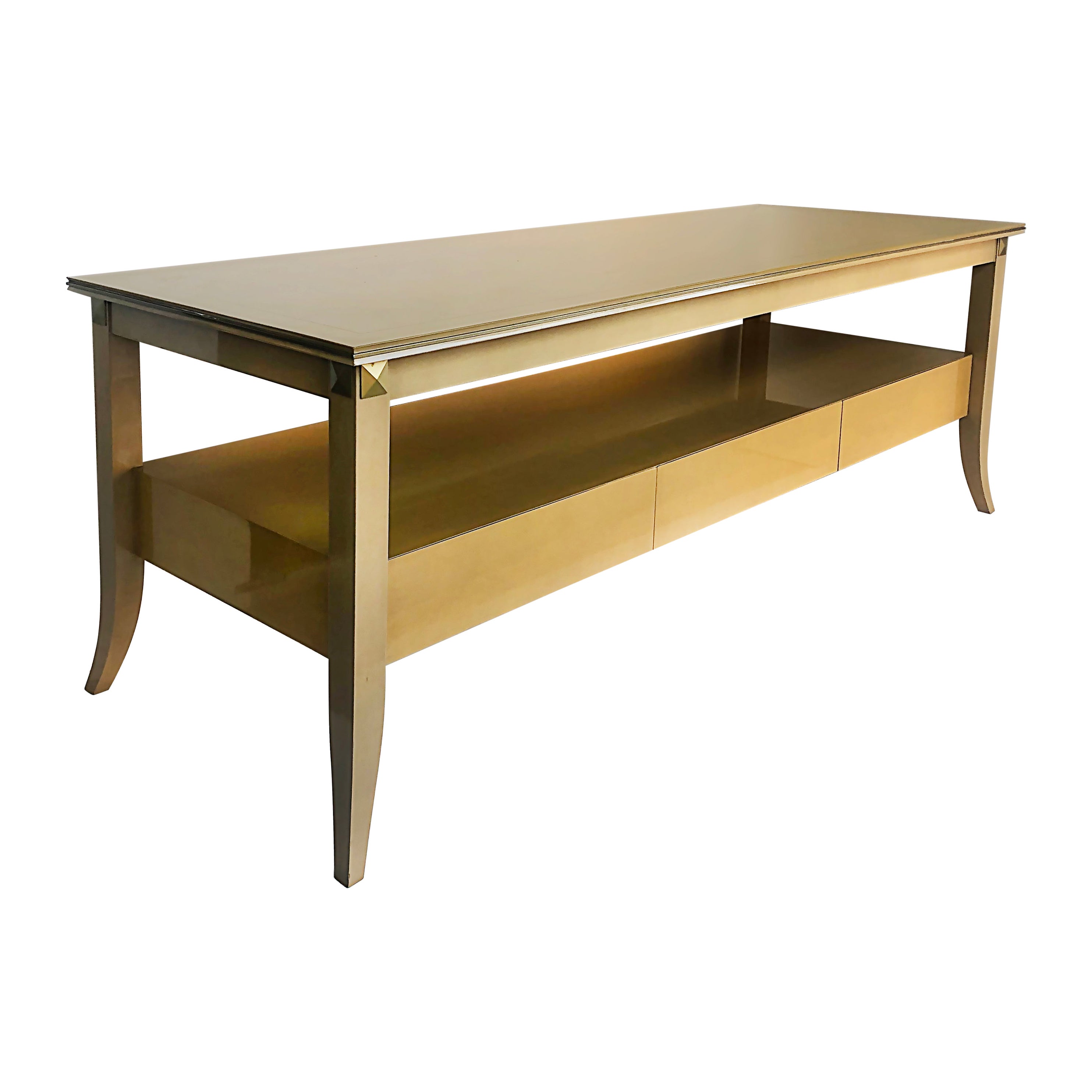 Andre Arbus Style Lacquered Birch Wood Console Table with Brass Inlay  For Sale