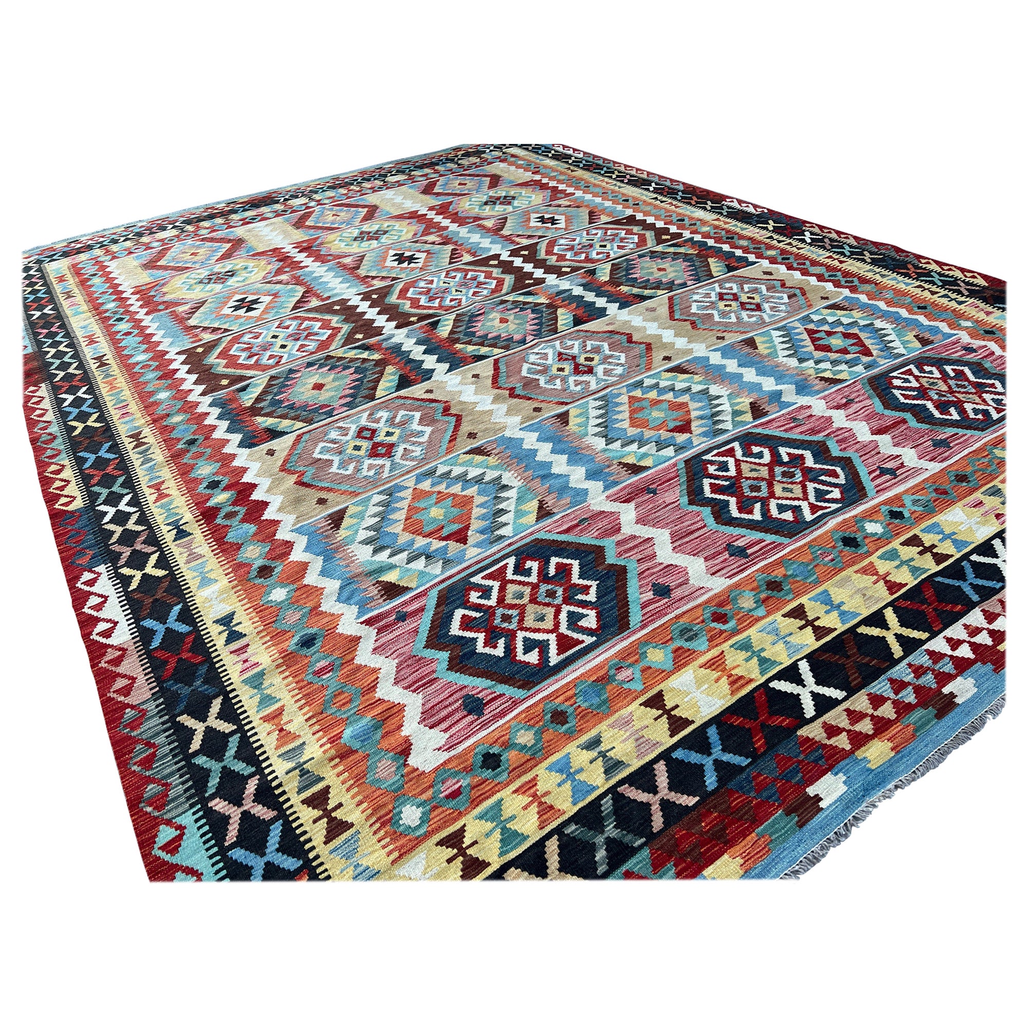 10x13 Hand-Knotted Afghan Kilim Rug Premium Hand-Spun Afghan Wool Fair Trade For Sale