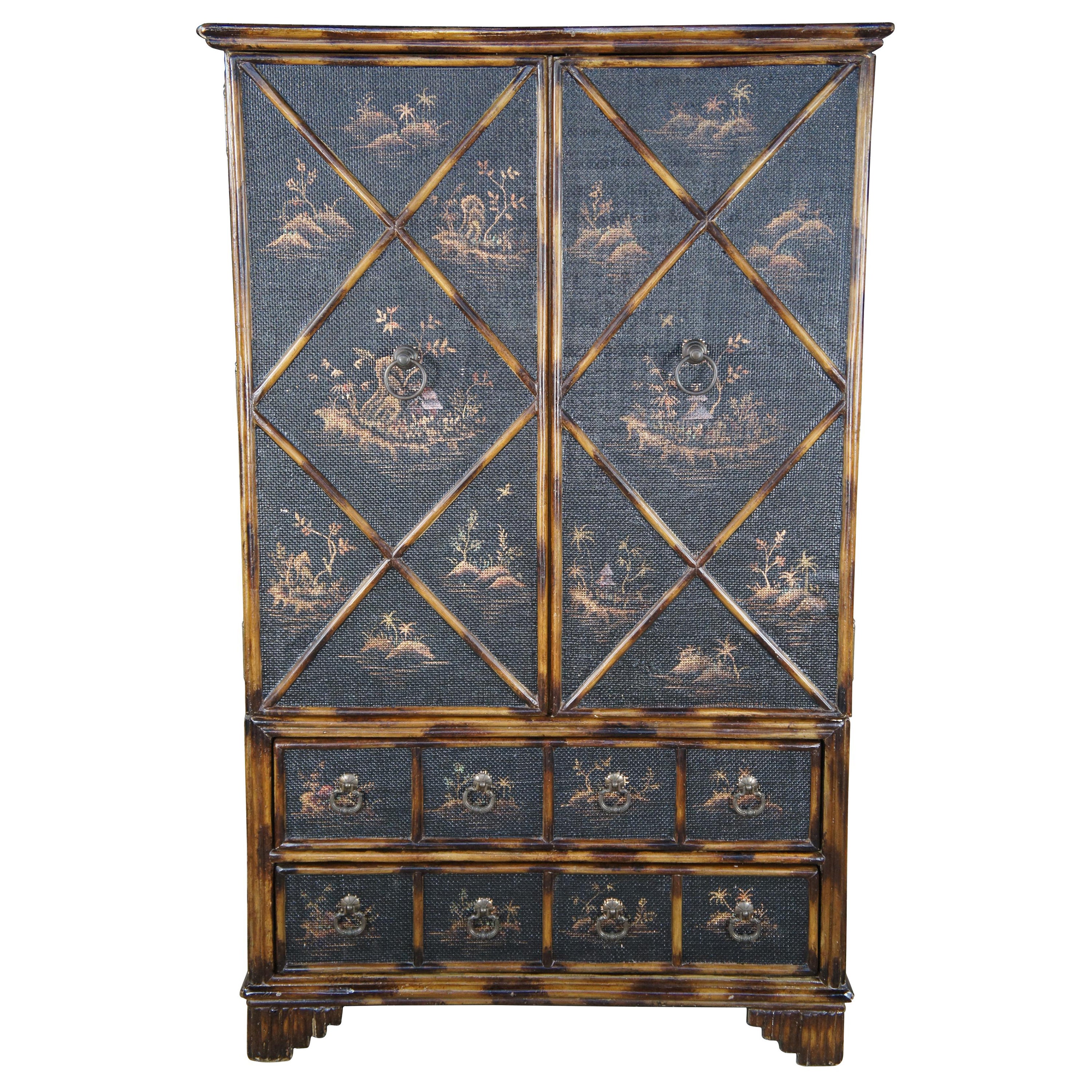 Chinoiserie Burnt Scorched Faux Bamboo Oriental Armoire Wardrobe Media Cabinet