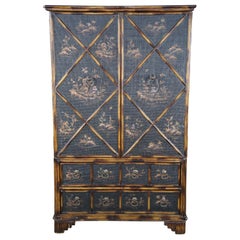 Vintage Chinoiserie Burnt Scorched Faux Bamboo Oriental Armoire Wardrobe Media Cabinet