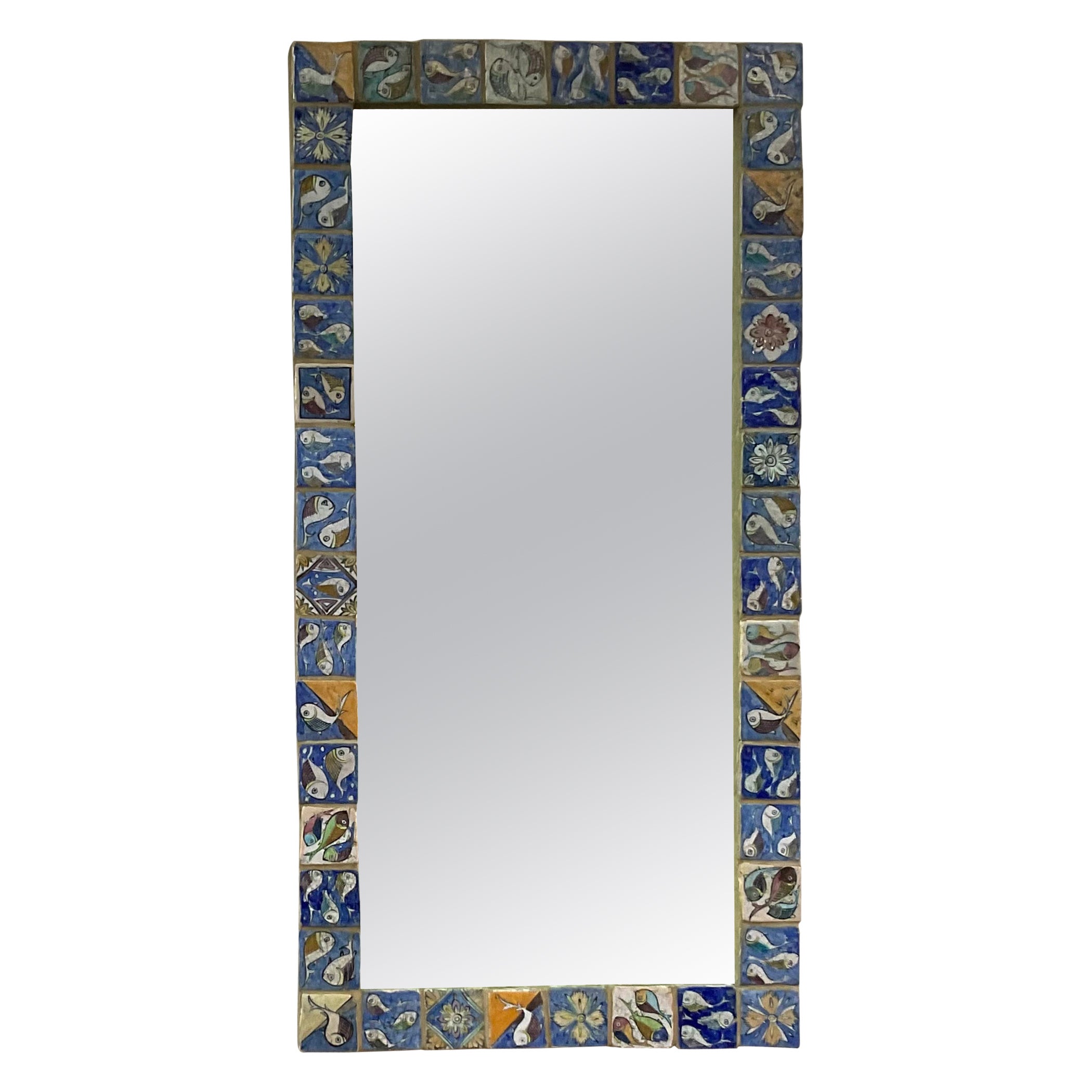 One of a Kind Large Hand Painted Ceramic Tile Mirror by Joseph Malekan