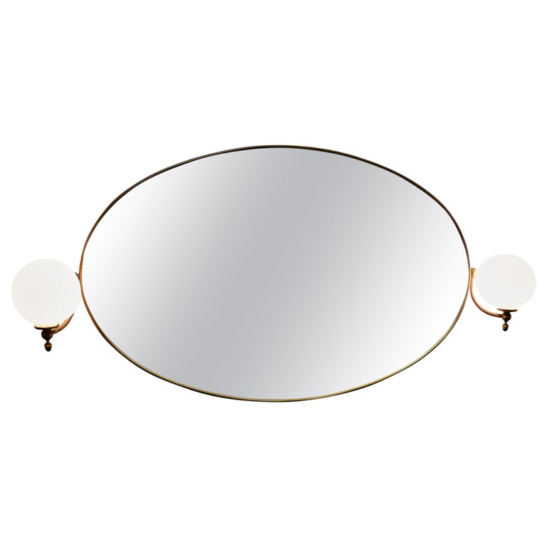 Large Art Deco Oval Wall Mirror with Globe Lights at 1stDibs