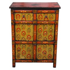 Vintage Oriental Tibetan Hand Painted Red Elmwood Storage Chest Dresser Cabinet