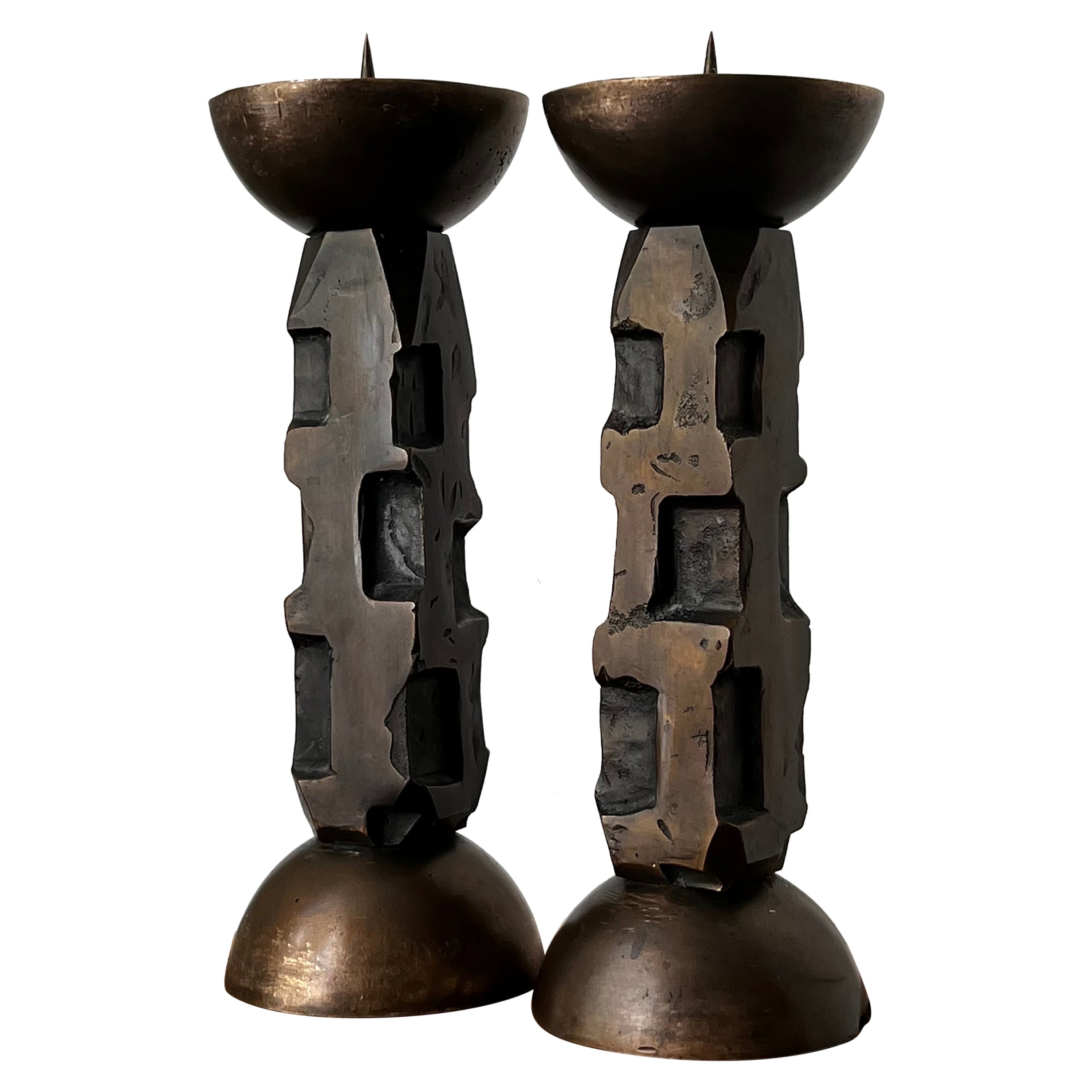 Pair of Heavy Cast Bronze Candleholders