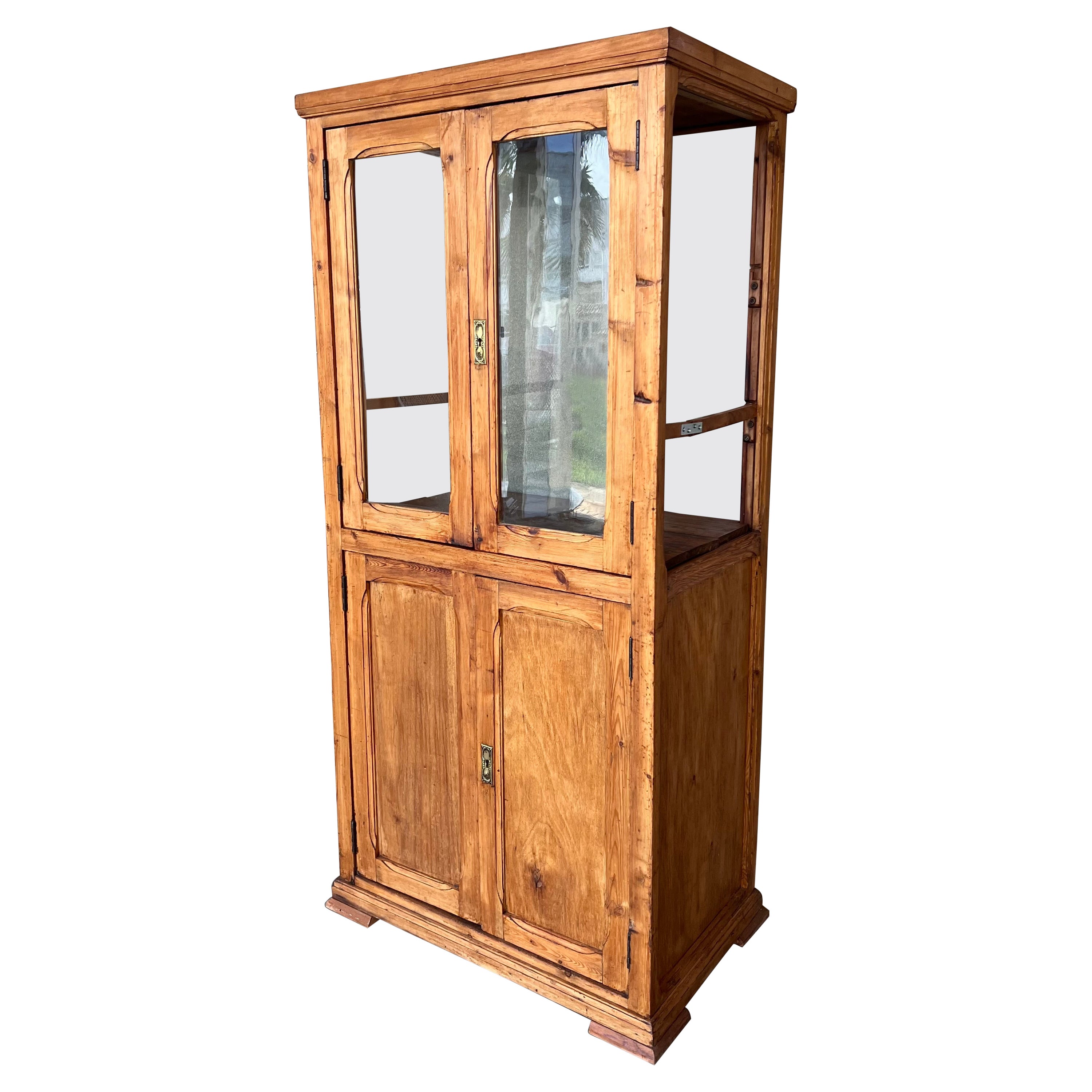 Grande armoire ou bibliothèque du 19ème siècle avec vitrine en verre, pin, Espagne restaurée