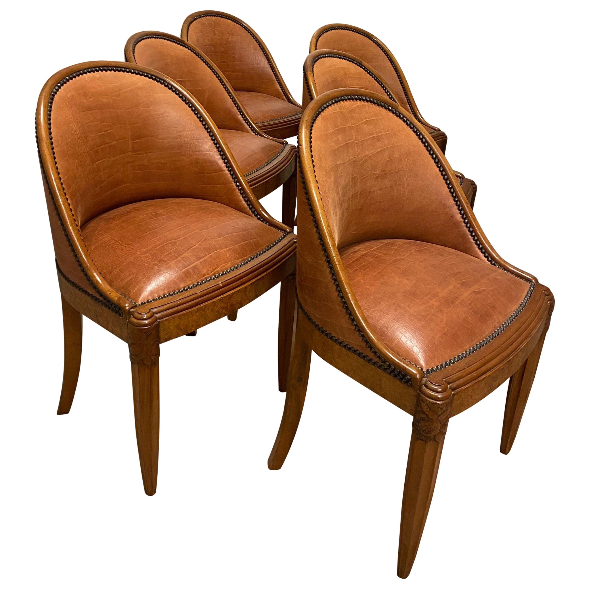 Art Deco French Mercier Frères Set of 6 Chairs Wood, Cognac Colour Leather