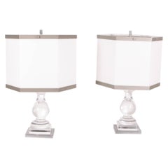 Pair of large lamps with bodies and lampshades in lucite and metal circa 1970