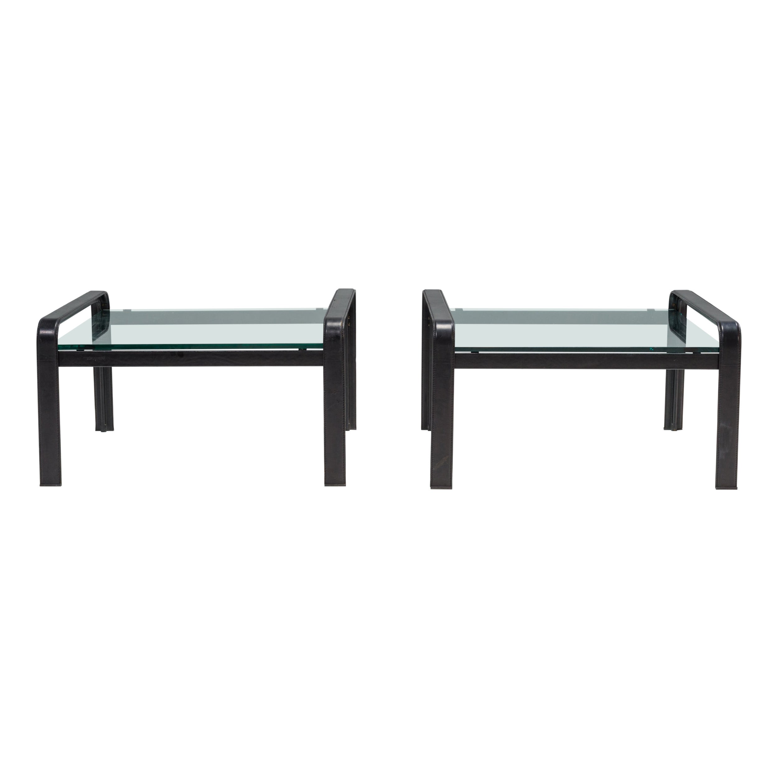 Tito Agnoli for Matteo Grassi Black Leather & Glass Side Tables, Set of 2, 1970s For Sale