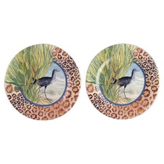Vintage Gien, France, Two Savane Porcelain Plates with Hand-Painted Exotic Birds