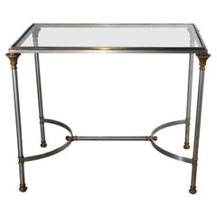   Table d'appoint classique en acier, laiton et verre fabriquée en Italie att. à  Maison Jansen