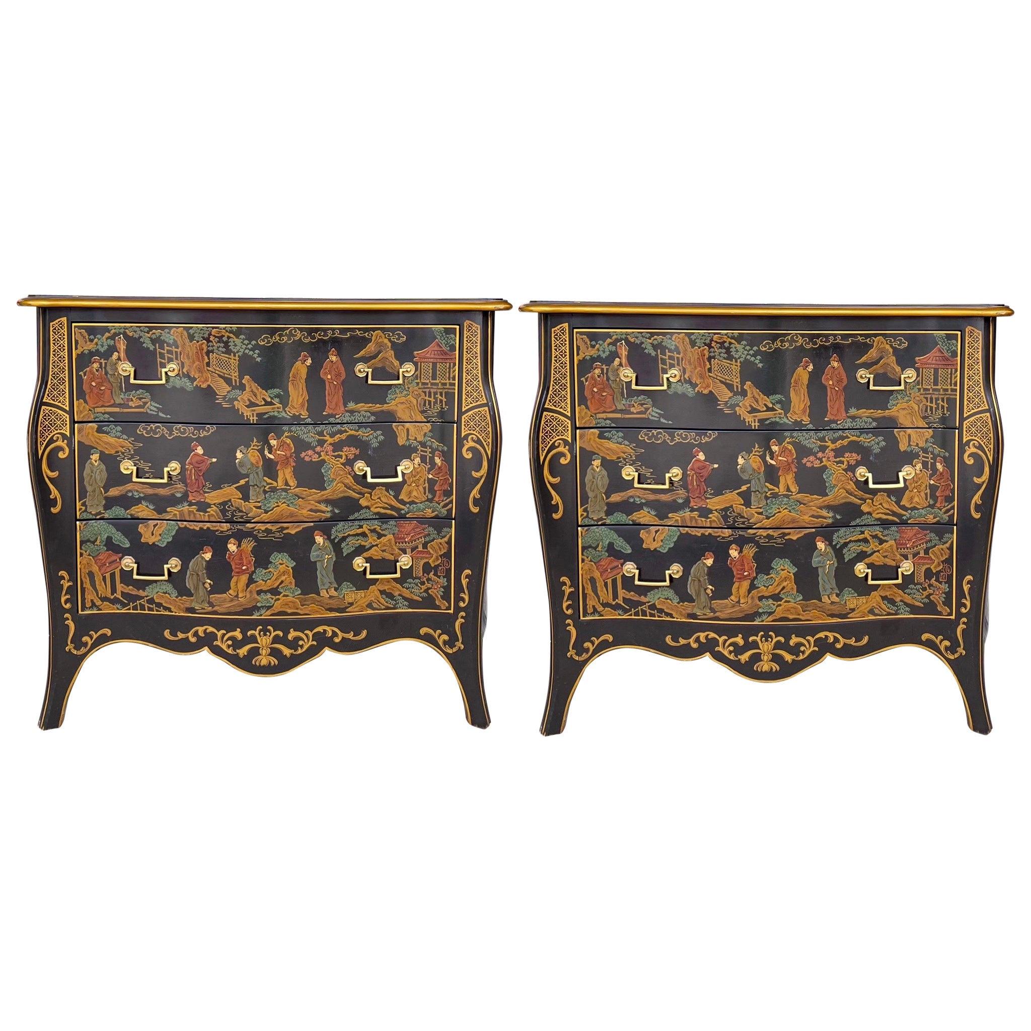 20th-C. Chinoiserie Serpentine Black and Gilt Chest of Drawers by Drexel, Pair