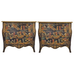 Retro 20th-C. Chinoiserie Serpentine Black and Gilt Chest of Drawers by Drexel, Pair
