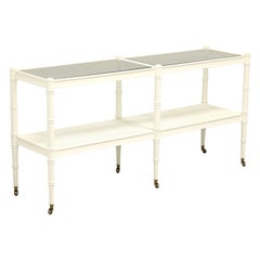 1960's White Painted Faux Bamboo Rattan Glass Top Two-Tier Console w/ Casters