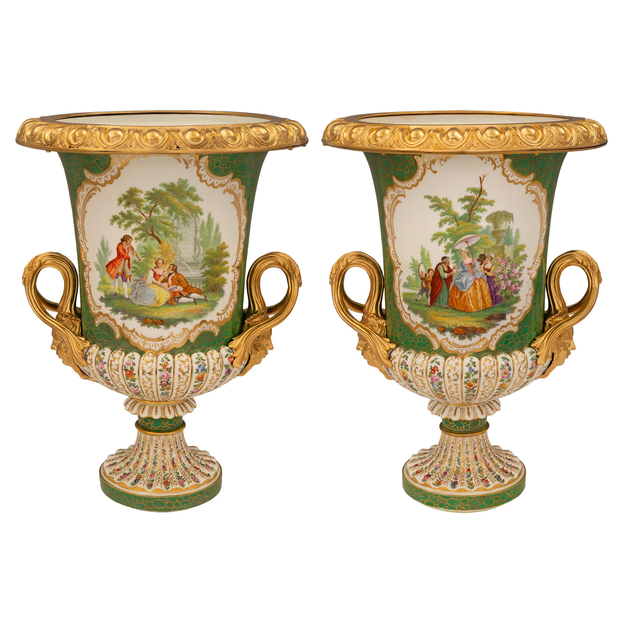 Pair of French 19th Century Louis XVI St. Sèvres Porcelain Urns