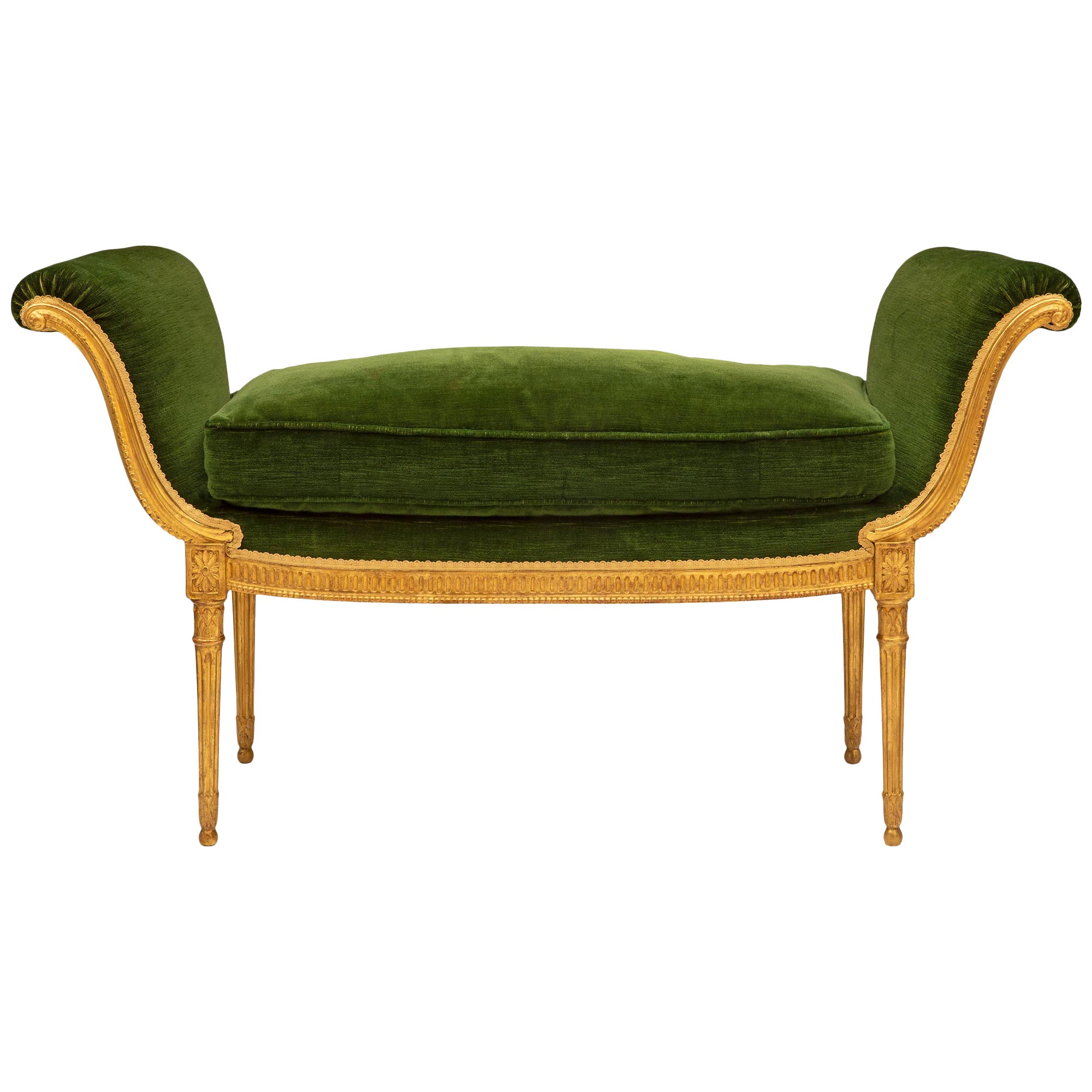 French 19th Century Louis XVI St. Giltwood And Green Velvet Bench For Sale