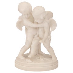 Statue française du 19ème siècle en marbre blanc de Carrare représentant Eros et Antéros