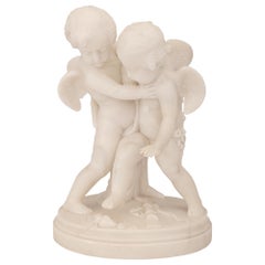 Französische Statue der Eros und Anteros aus weißem Carrara-Marmor aus dem 19. Jahrhundert