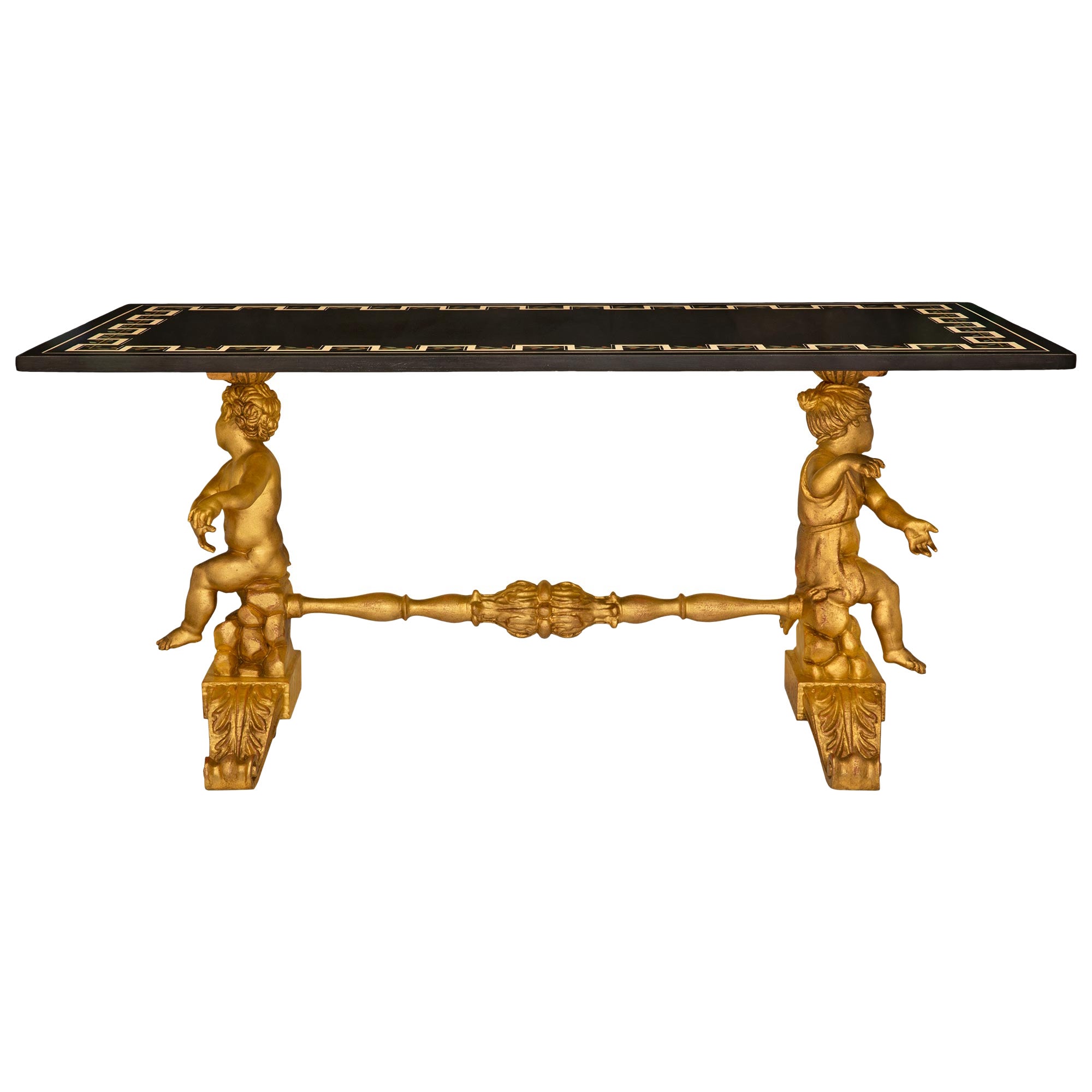 Table basse/table de cocktail baroque italienne du 19ème siècle en bois doré et bois patiné