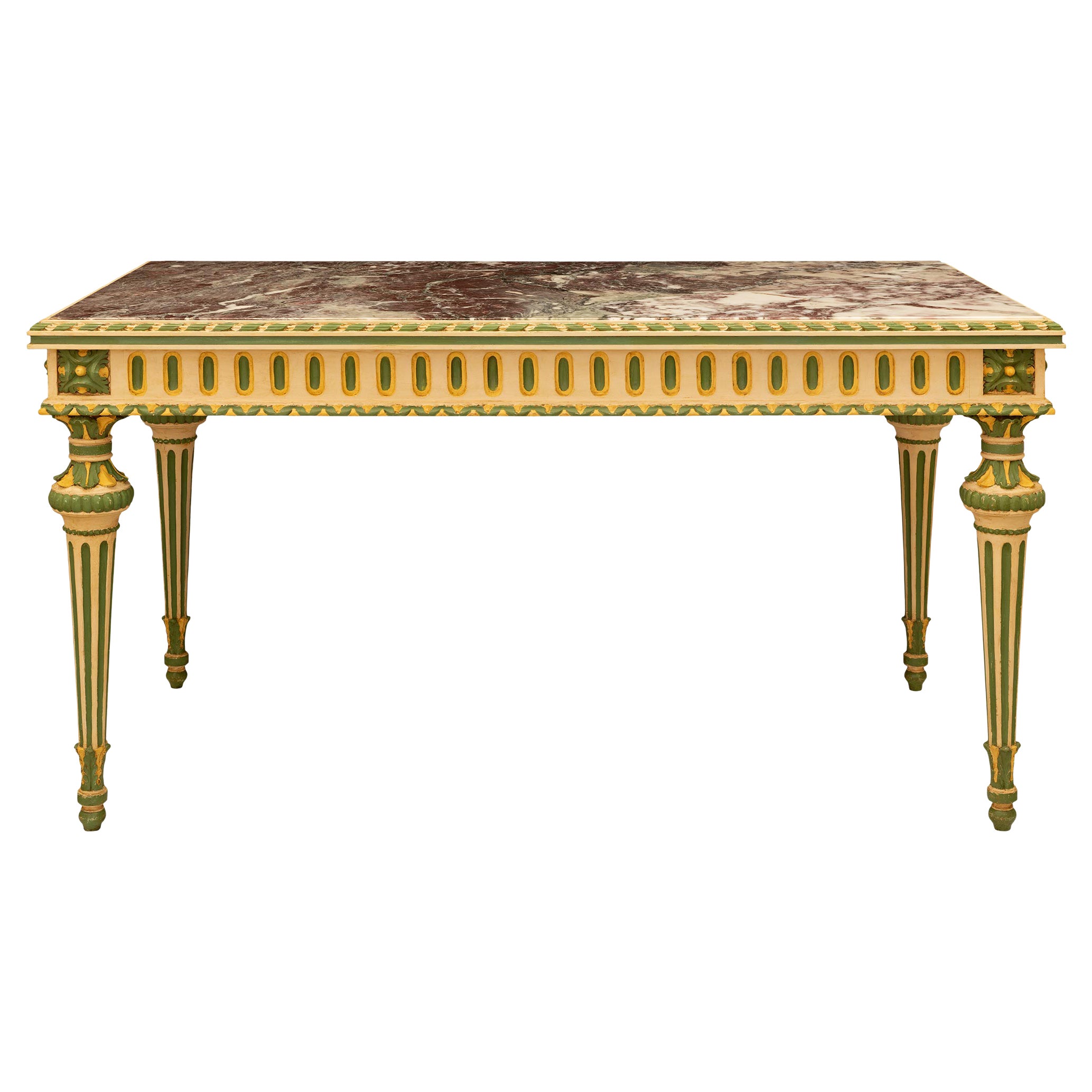 Table centrale italienne Louis XVI du 19ème siècle en bois patiné et marbre
