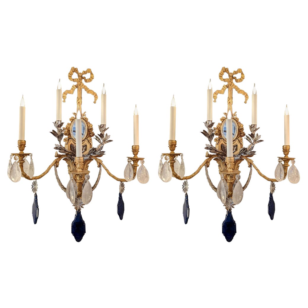 18th Rambouillet Pair of Wall Lamp in Bronze Nickel and Gold with Rock Crystal For Sale