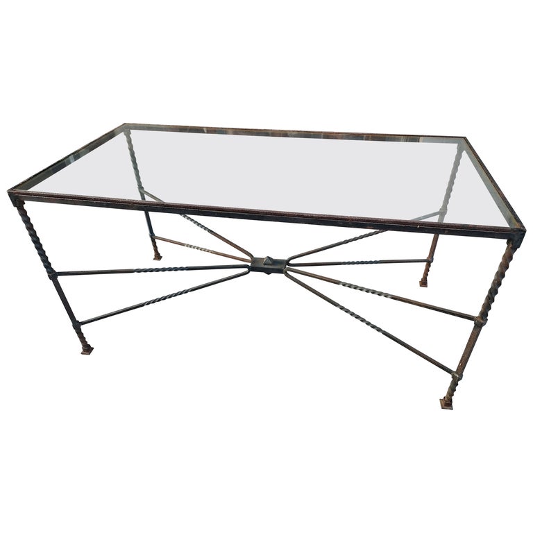 MidCentury Modern Sculptural Wrought Iron Table with Glass Top For