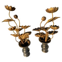 Japanese Antique Pair Gilt Lotus Flower Bouquets