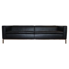 Mid-Century Modern Italian Black Leather Sofa, Chrome Legs