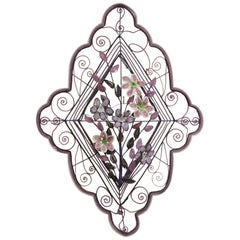 Antique French Victorian Glass Beaded Purple Flower Casket Wreath Wall Sculpture 'a'
