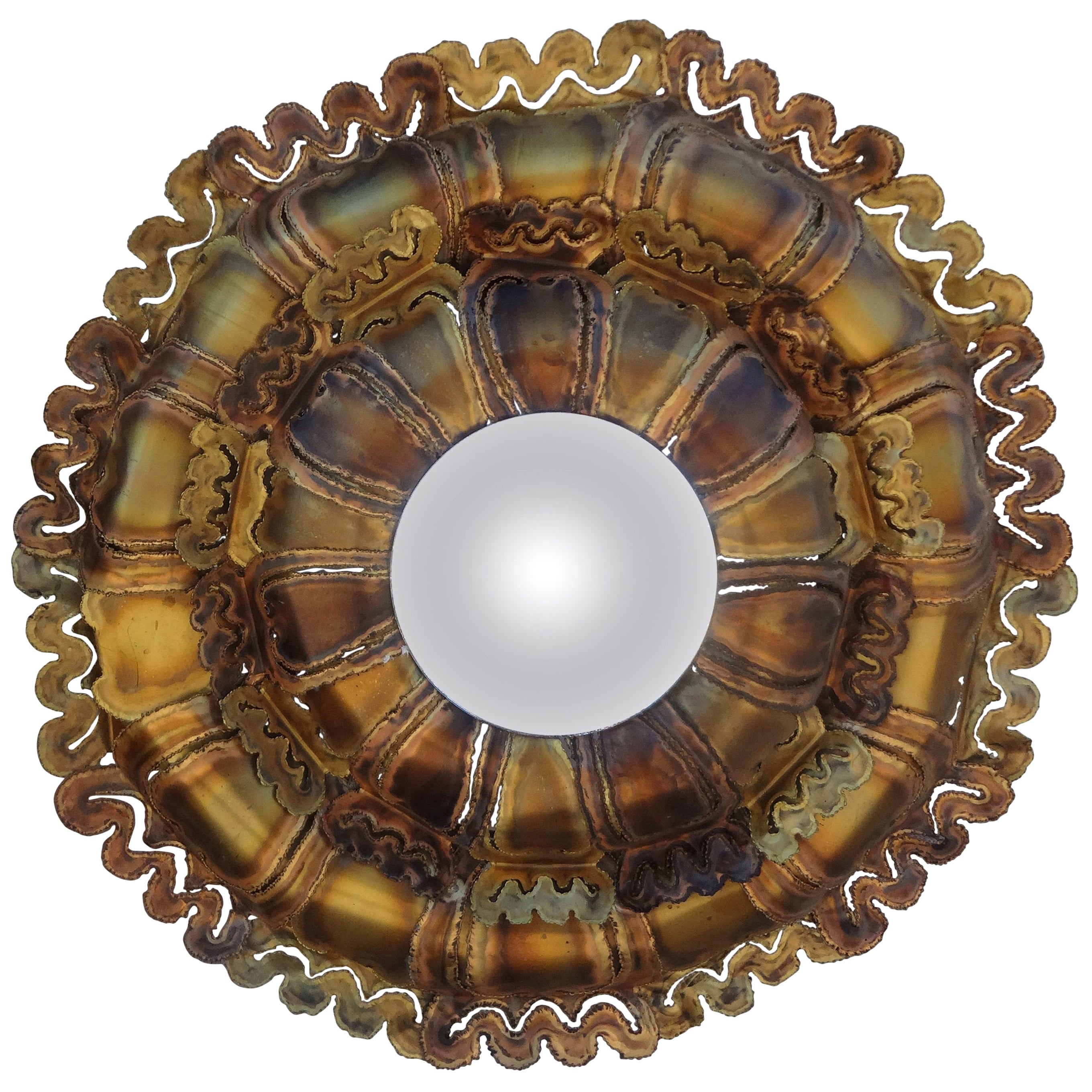 Midcentury Brutalist Torch Cut Mixed Metal Convex Mirror For Sale