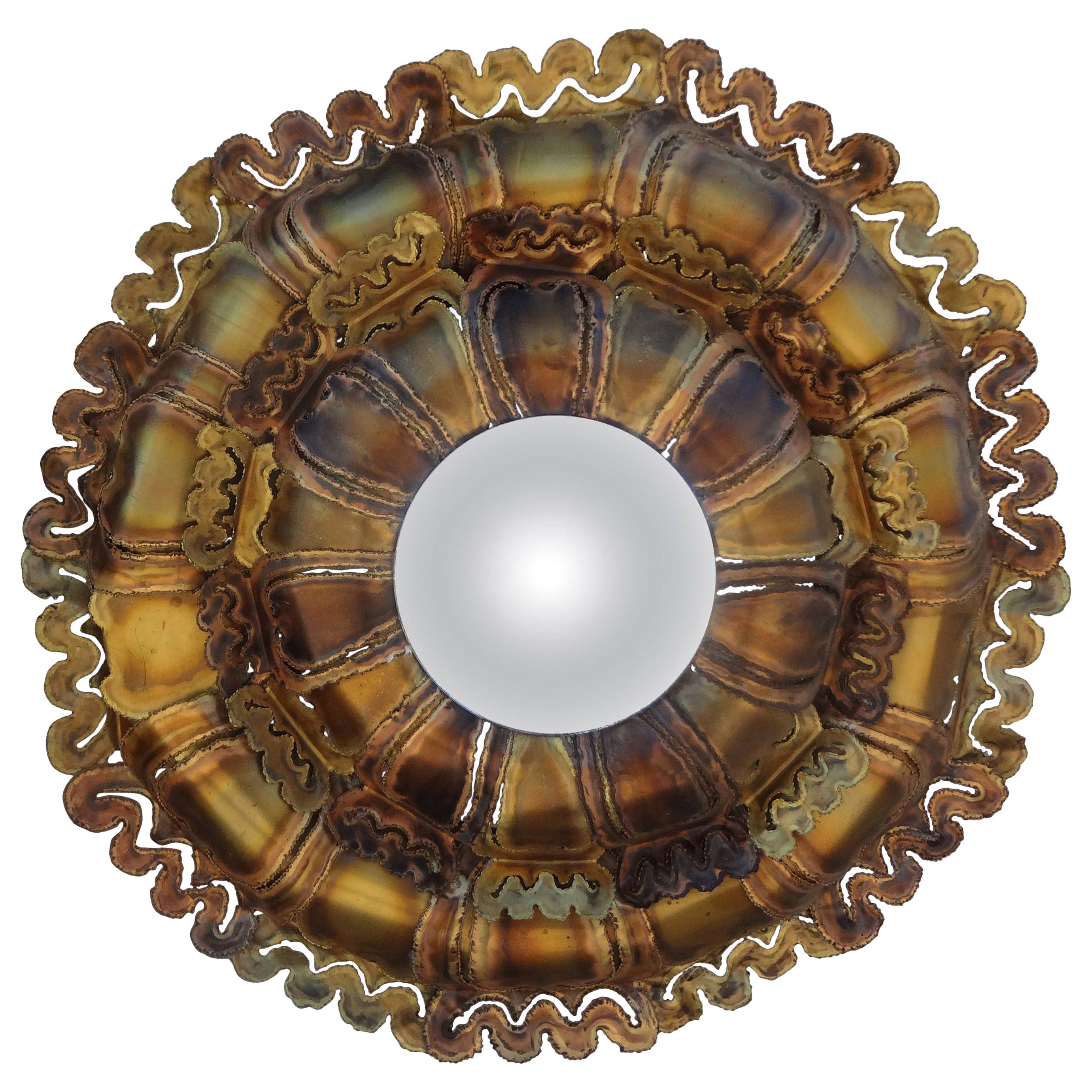 Midcentury Brutalist Torch Cut Mixed Metal Convex Mirror