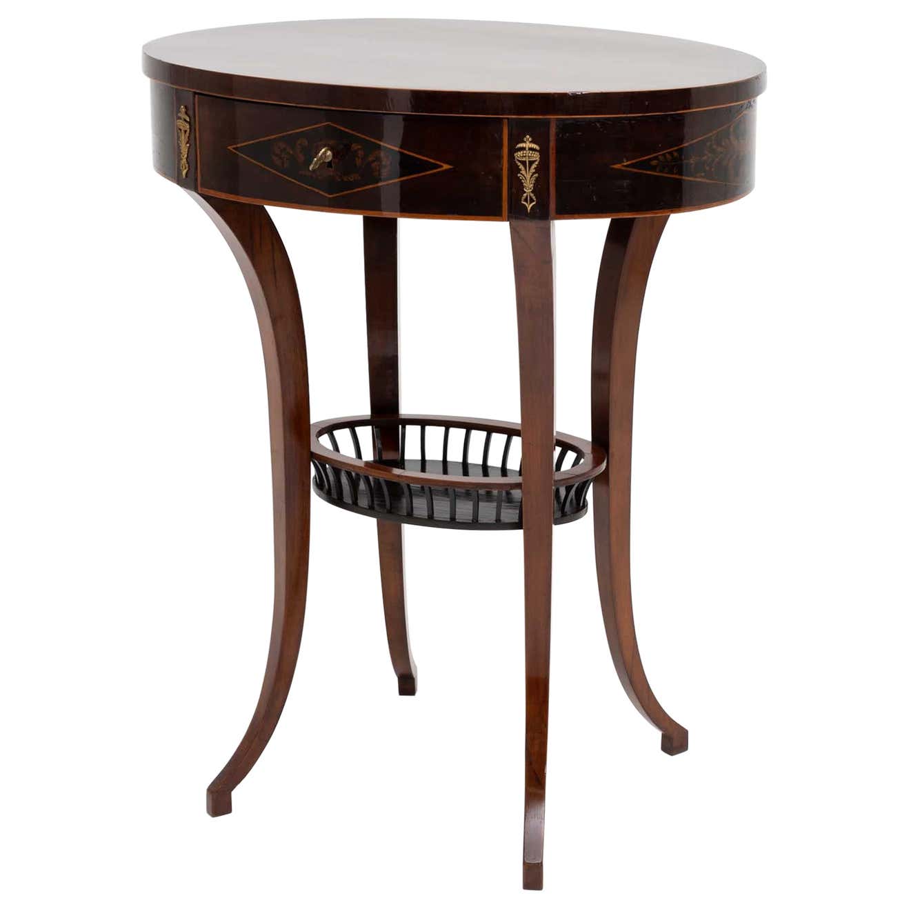 Threaded Mini Table Oval Empire Sewing Table with Thread Inlays, circa 1810 For Sale at 1stDibs