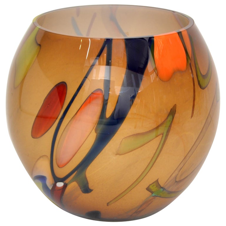 MidCentury Modern Art Glass Hues of Brown Round Vase Made in Europe