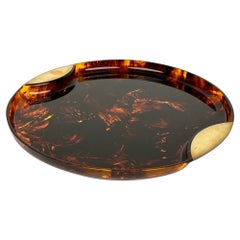 Round Serving Tray in Lucite Faux Tortoiseshell and Brass, Italy, 1970s
