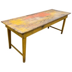 19th-C. Rustic French Pine Farm / Dining/ Work Table with Original Mustard Paint
