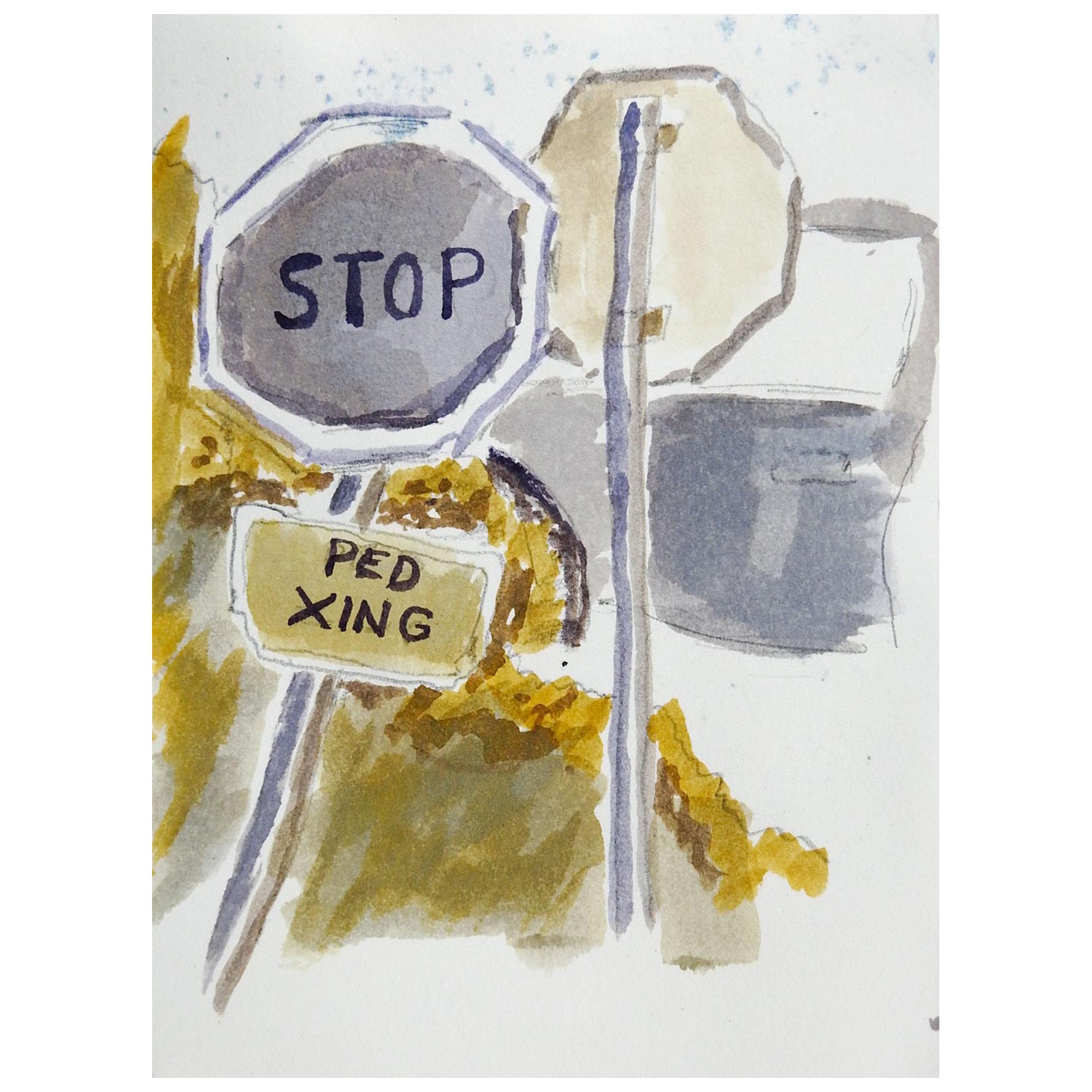Small Vintage Stop Sign & Architecture Watercolor Painting Double Sided For Sale