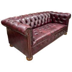 Retro Mid-Century Ralph Lauren Style Tufted Leather Oxblood Chesterfield Sofa