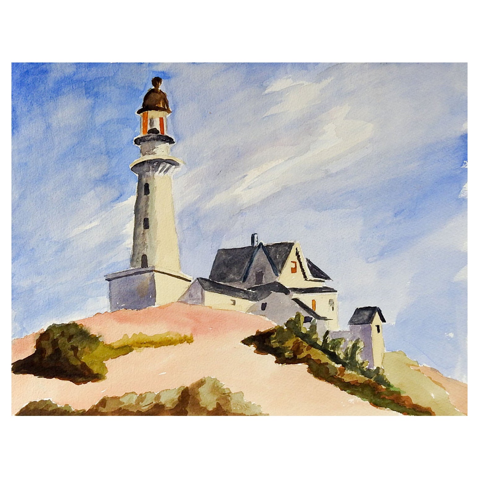 Vintage HIlltop Lighthouse Watercolor Painting For Sale