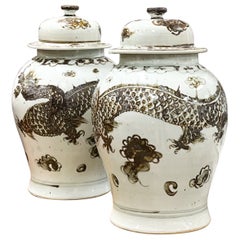 Large Scale Chinese Export Style Ginger Jars with Dragons Brown Tones, Pair