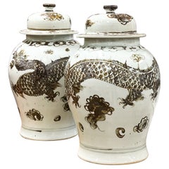 Large Scale Chinese Export Style Ginger Jars with Dragons Brown Tones, Pair