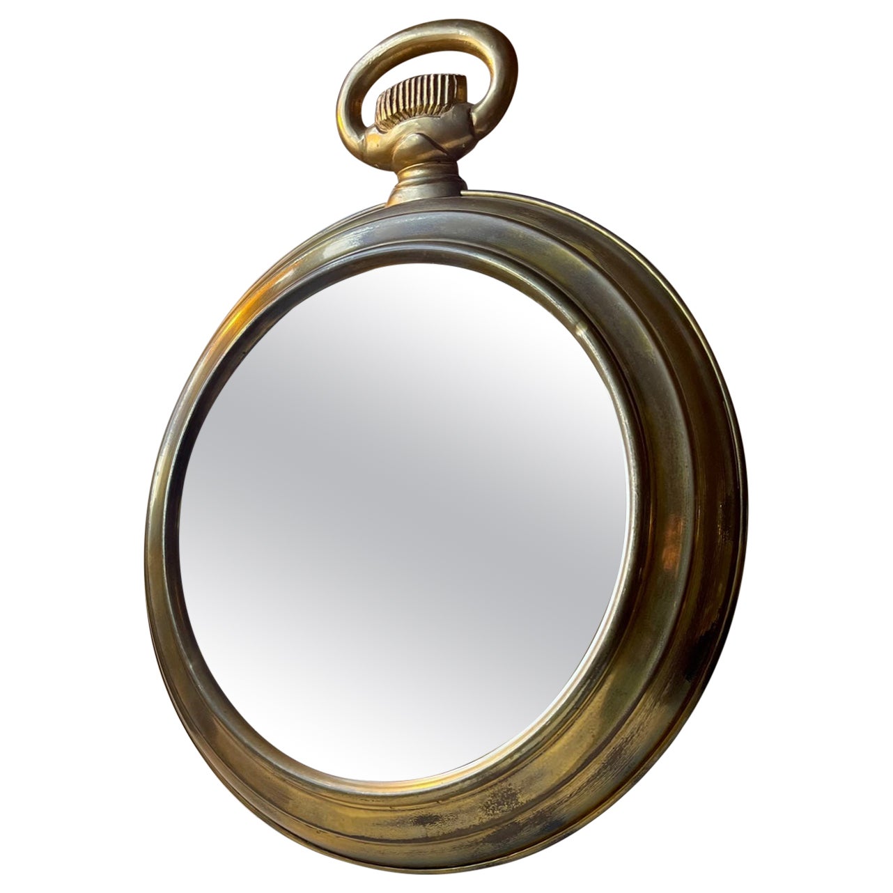 Vintage French Pocket Watch Wall Mirror in Brass, 1950s
