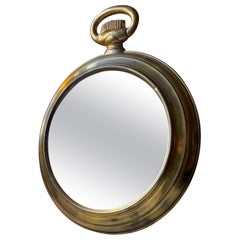 Vintage French Pocket Watch Wall Mirror in Brass, 1950s