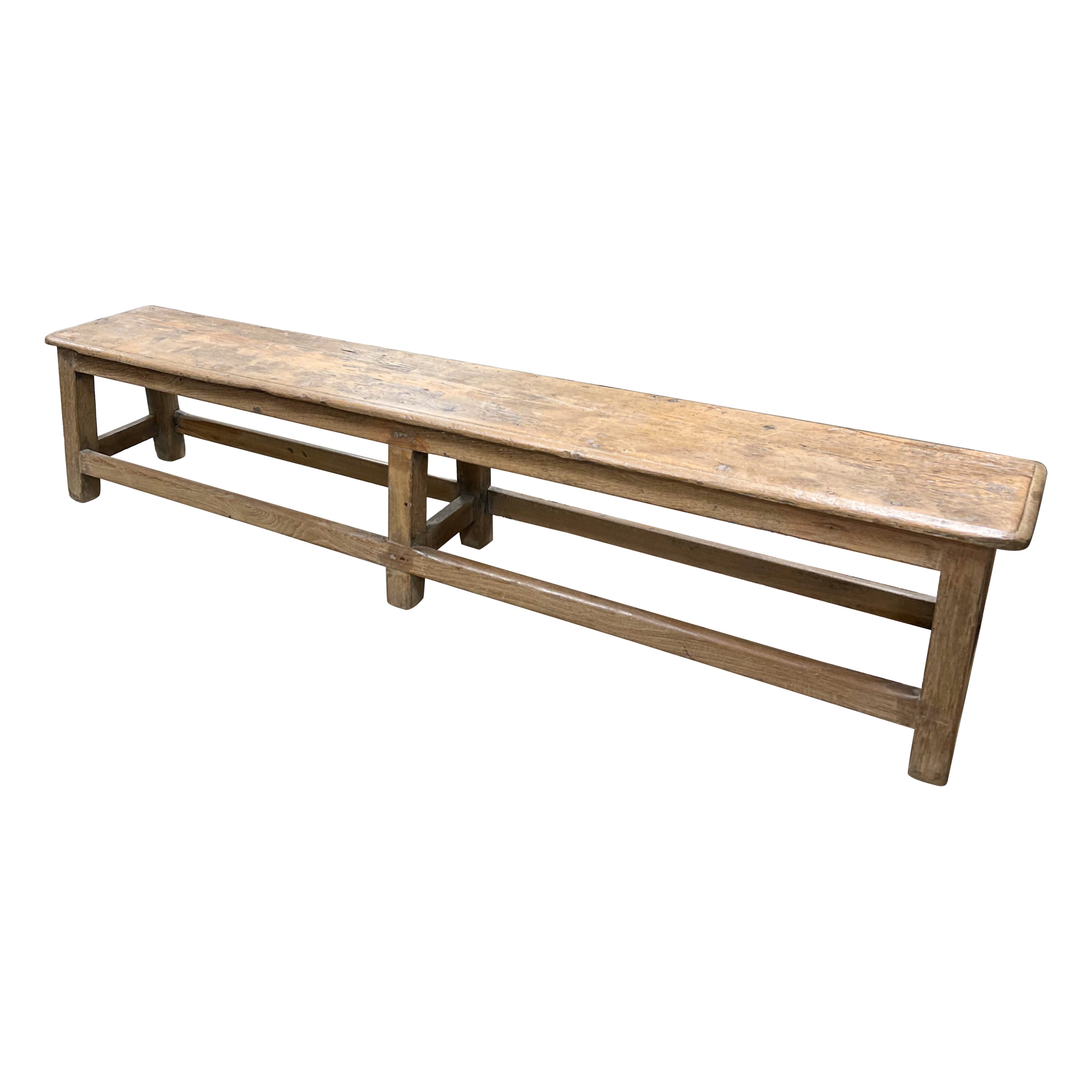 Antique French White Oak Rustic and Primitive Dining Bench w/Back at