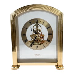 1980s Modern Seiko Quartz Skeleton Desk Clock in Brass